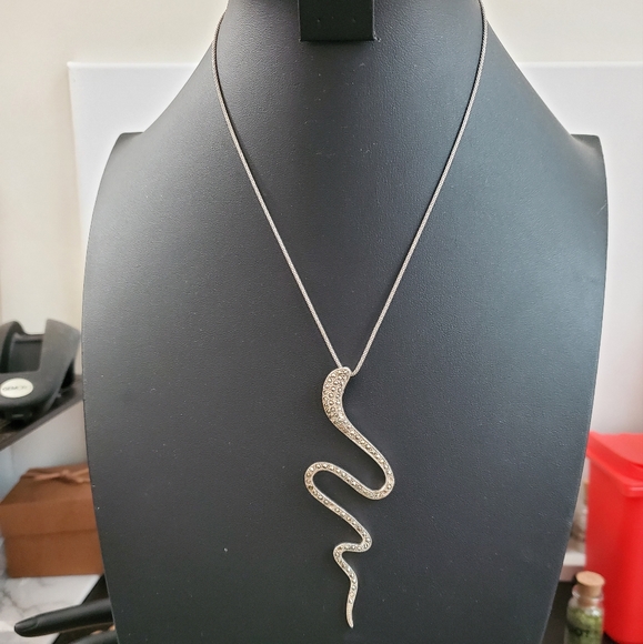 Sterling Silver 925 Snake / Serpent Marcasite Pendant Necklace - Picture 5 of 10